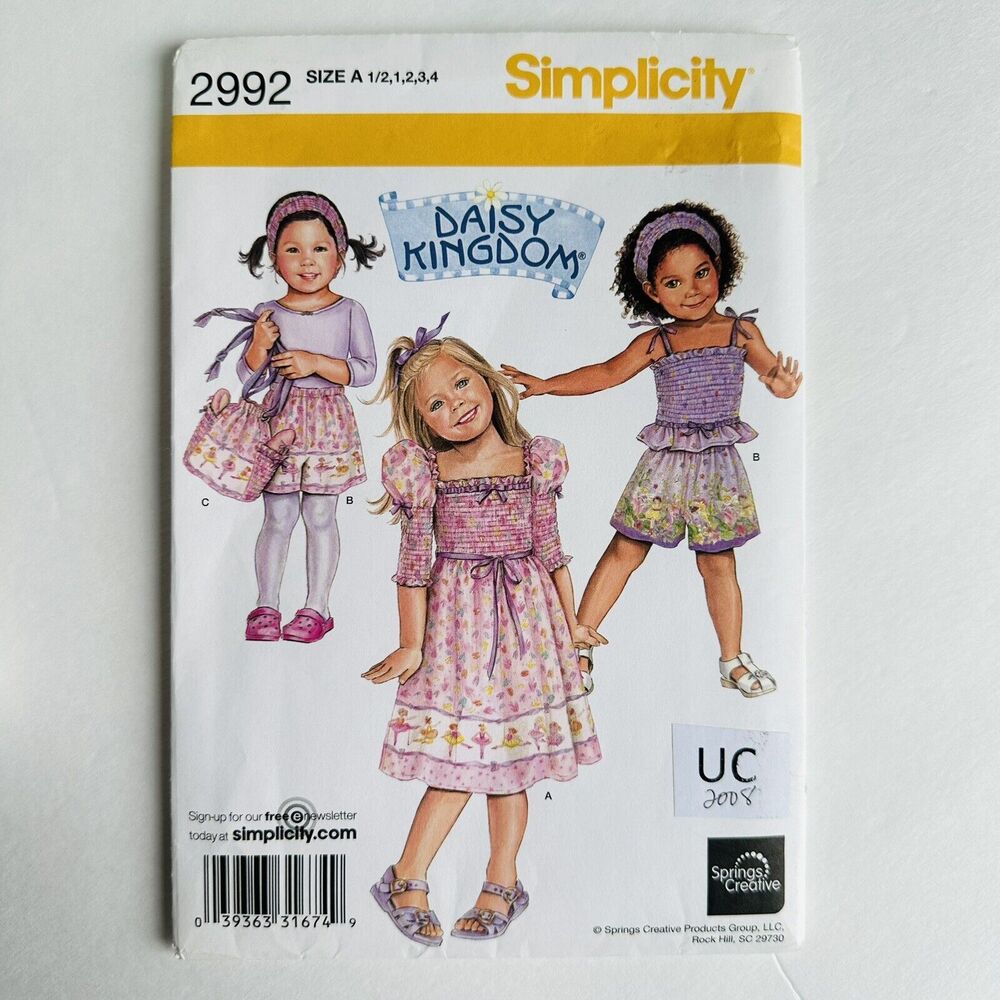 Simplicity 2992 Sewing Pattern DAISY KINGDOM Dress Top Shorts Bag Girls 1/2-4 UC